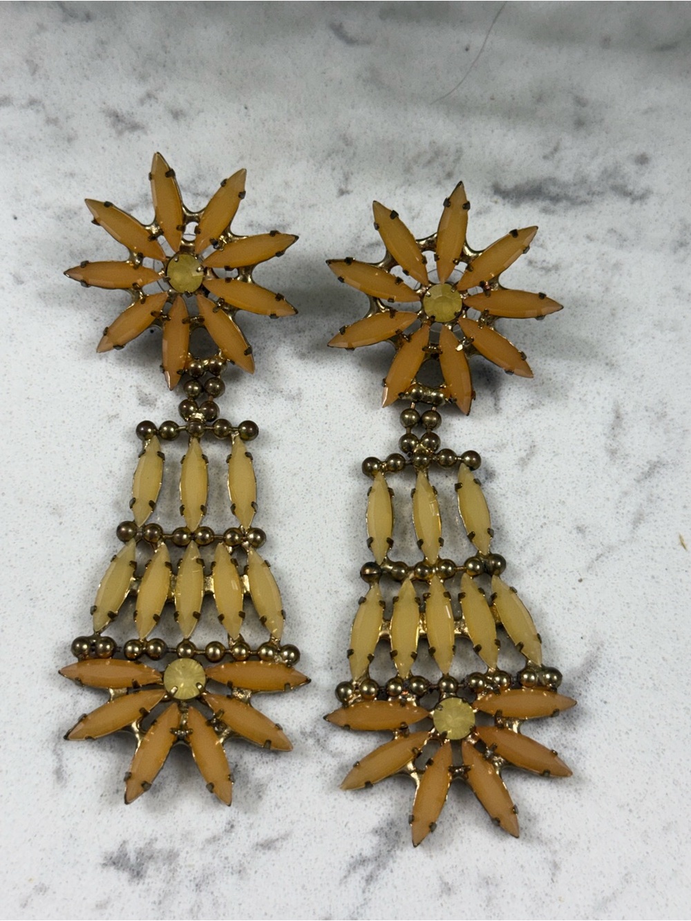 Retro Statement Yellow Orange Flower Drop Earrings Delicate Tiers Unbranded
